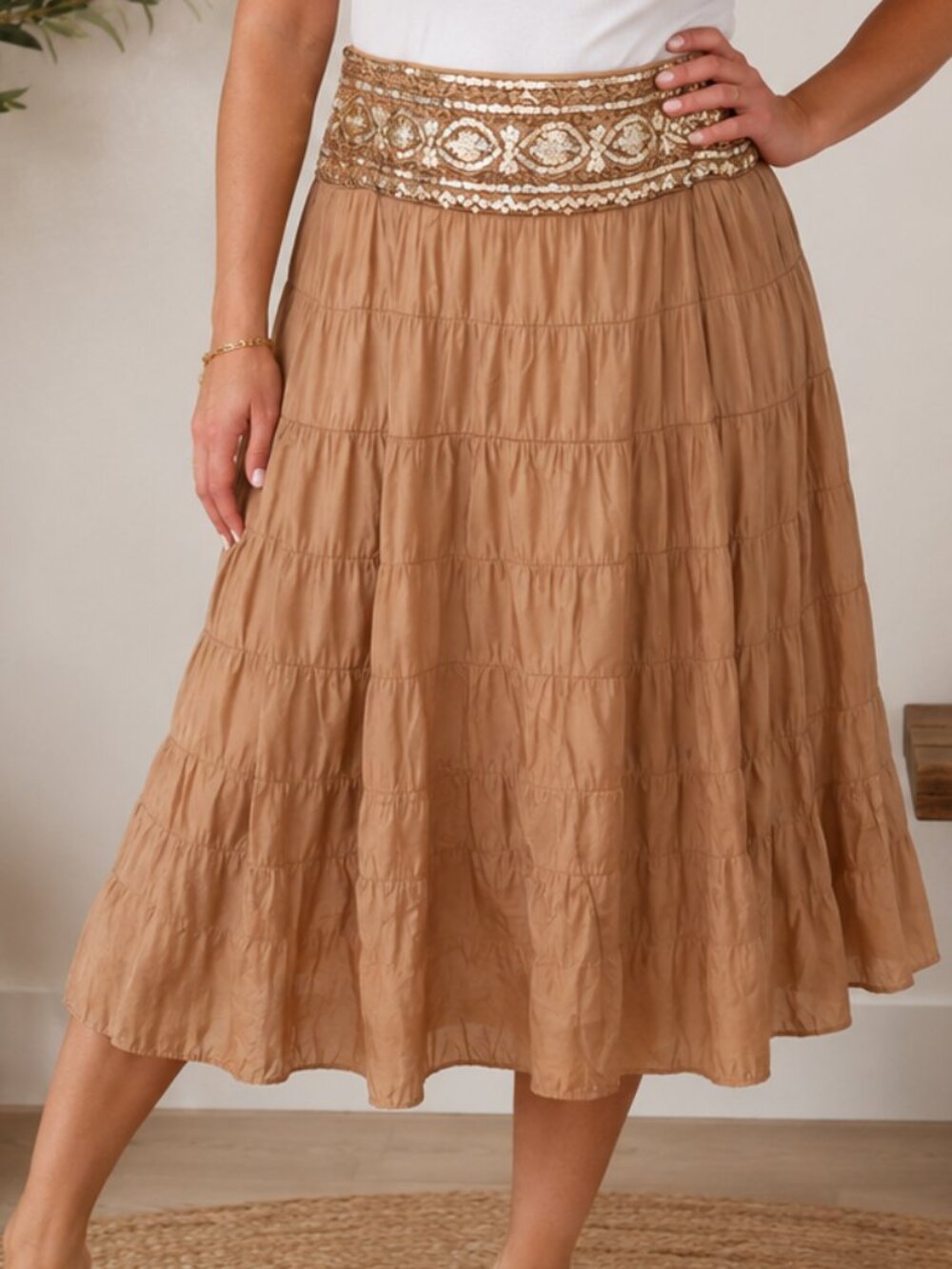 INC Gold Satin Layered Maxi Skirt Womens Sz 14 Sequins & Embroidery